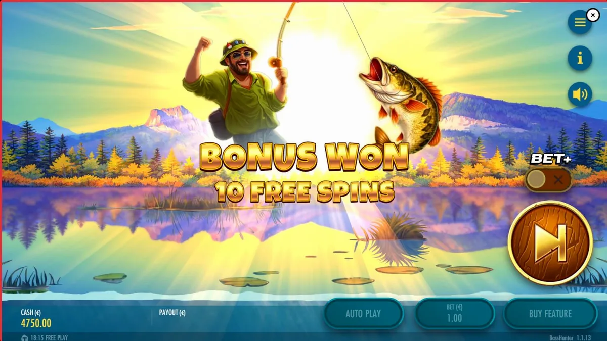 Cenário subaquático do slot Bass Hunter com peixes e equipamentos de pesca