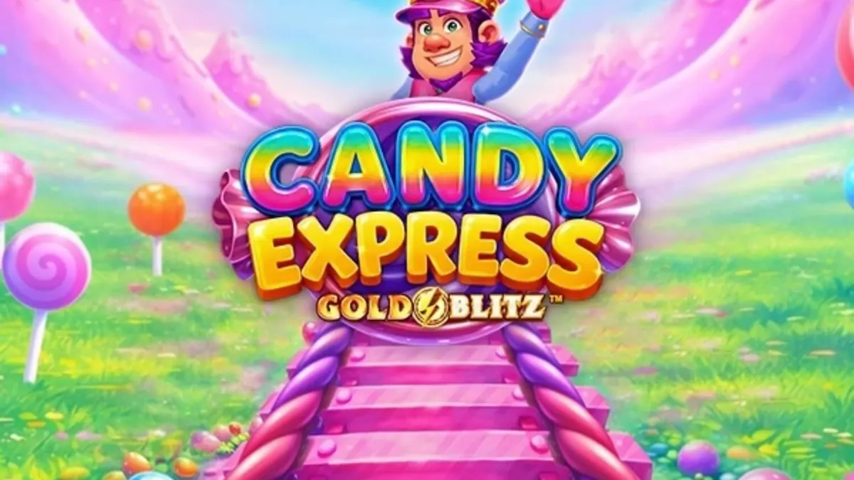 Captura de tela do caça-níqueis Candy Express Gold Blitz, mostrando um trem de doces em um cenário de fantasia açucarado.
