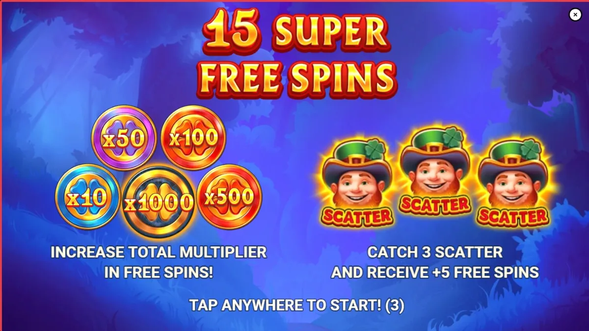 Captura de tela do jogo Lucky Penny Power Scatter, mostrando um leprechaun sorridente em uma floresta verde exuberante com carretéis cheios de símbolos coloridos e moedas de ouro.
