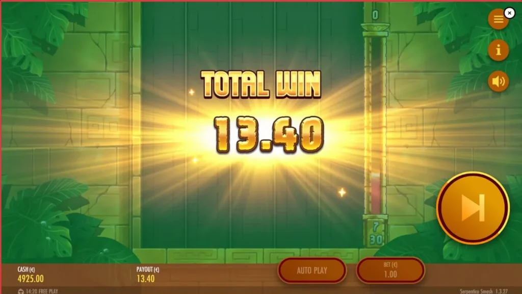Interface do jogo Serpentico Smash com símbolos astecas e grade de cluster