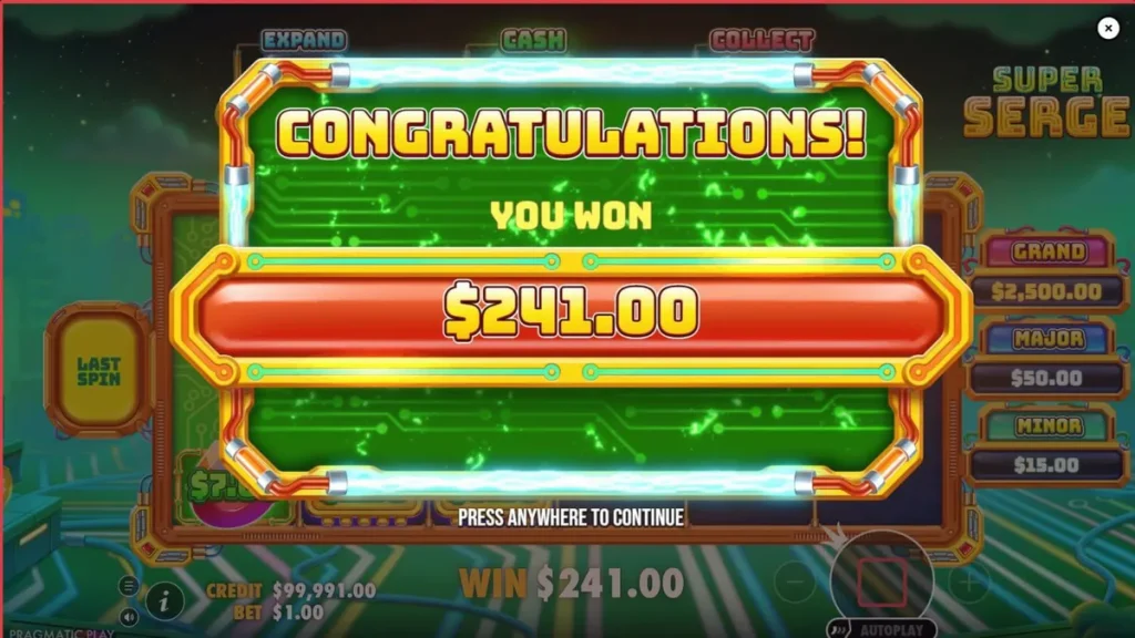 Interface vibrante e futurista do slot Super Serge com o personagem eletricista